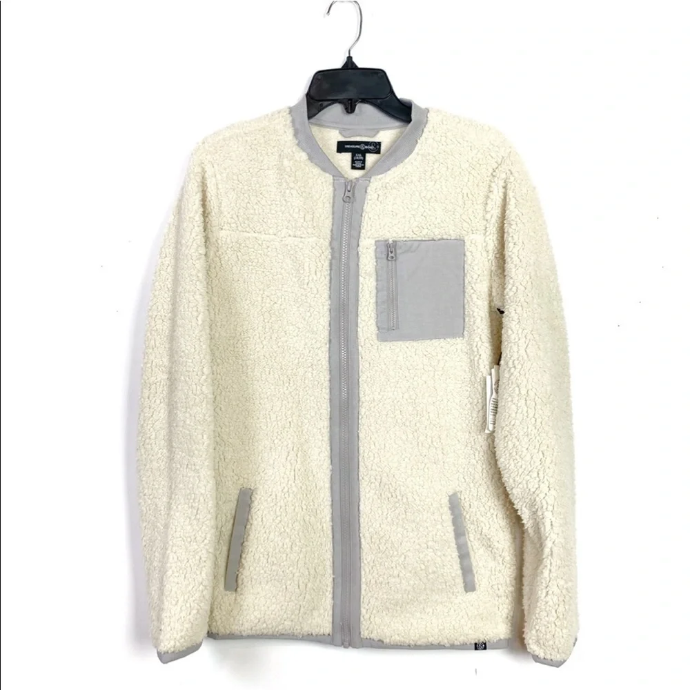 NEW Treasure & Bond Boys Fleece Baseball Style Jacket In Ivory Shadow Size XXL